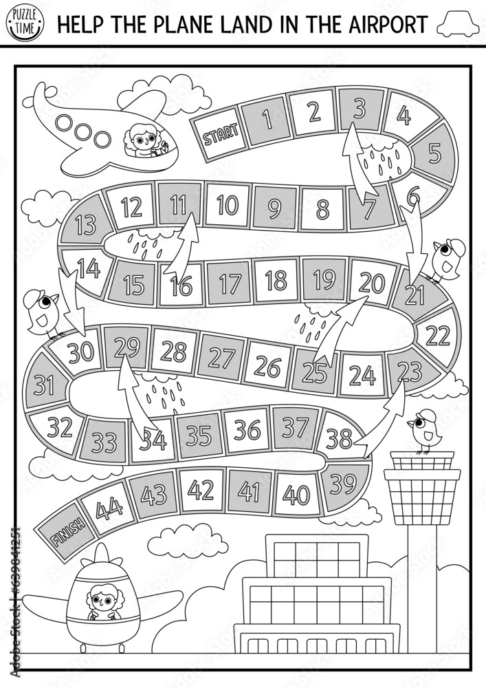 City transport black and white dice board game with landing airplane, pilot. Air transportation boardgame for kids.  Printable activity, coloring page. Help plane get to airport.
