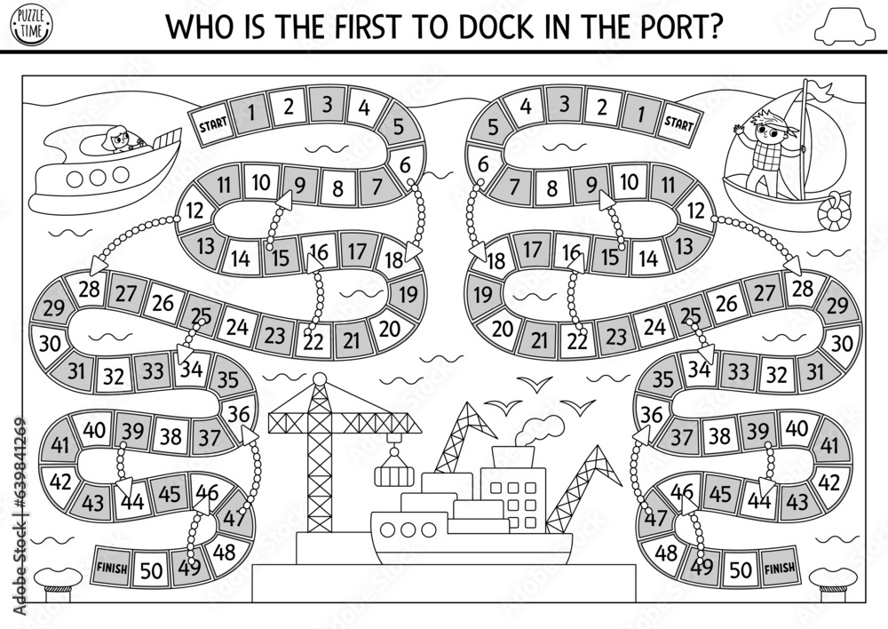 City transport black and white competition dice board game with boats, seaport. Water transport boardgame for kids with speedboat, yacht.  Printable line activity or coloring page.