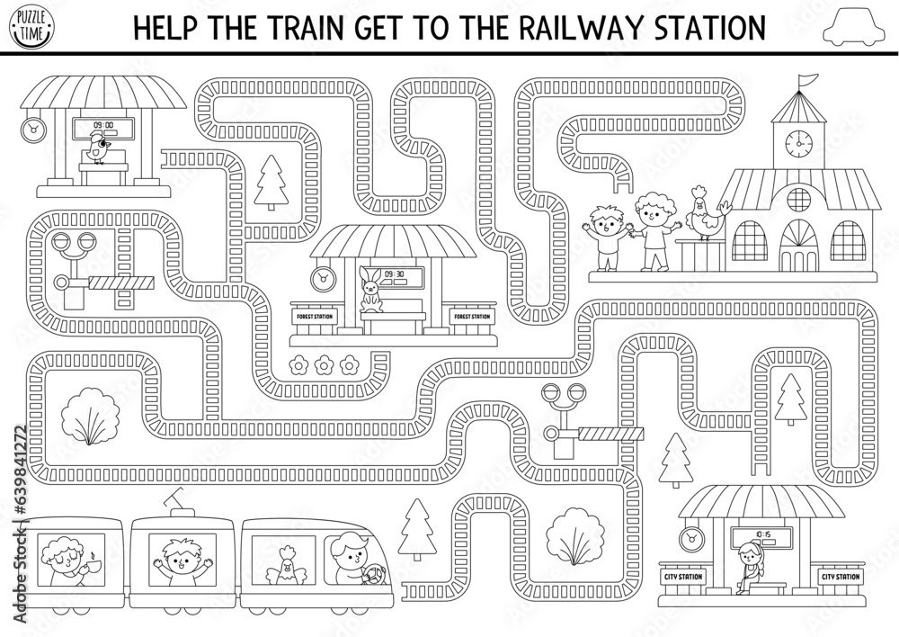 Transportation black and white maze for kids with railroad, driver