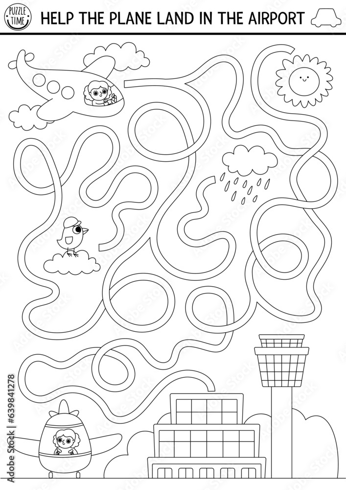 Transportation black and white maze for kids with city landscape ...
