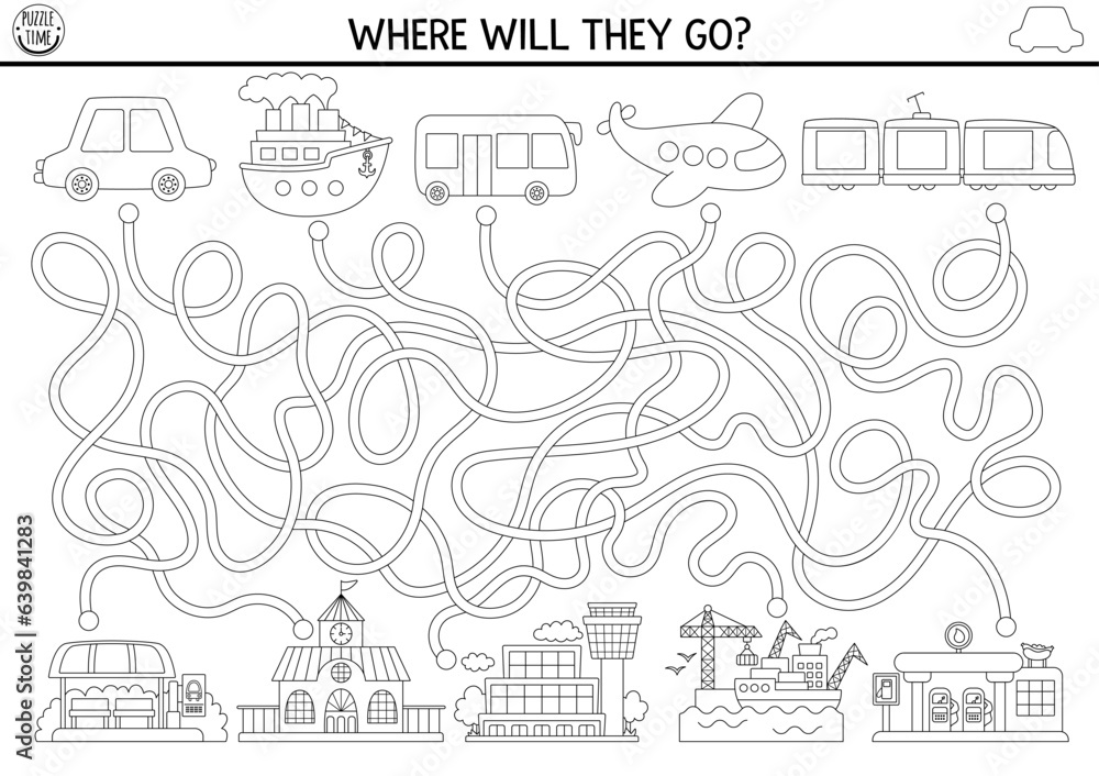 Transportation black and white maze for kids with air, water, land transport. Line preschool printable activity. Labyrinth game, coloring page with car, train, train, plane. Help bus get to last stop.