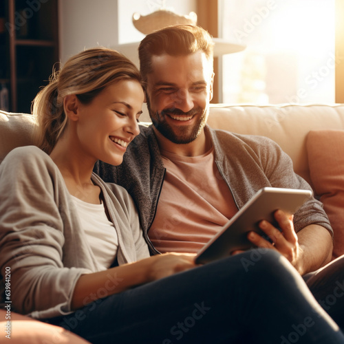 Young married couple sitting on sofa in the living room at home using tablet PC for internet and social media. geneartive Ai