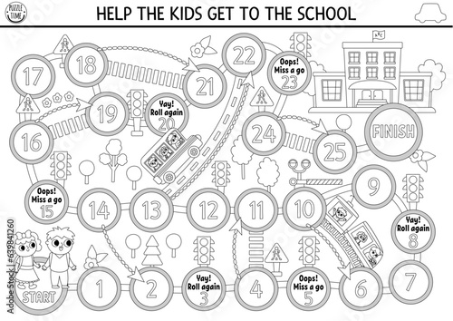 City transport black and white dice board game for children with kids, school bus, train. Transportation line boardgame. Back to school printable activity, coloring page with road sign, traffic light
