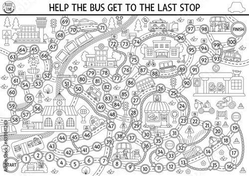 City transport black and white dice board game for children. Transportation boardgame coloring page with train, cars.  Urban printable activity, worksheet for kids. Help bus get to last stop.