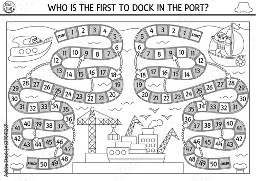 City transport black and white competition dice board game with boats, seaport. Water transport boardgame for kids with speedboat, yacht.  Printable line activity or coloring page.