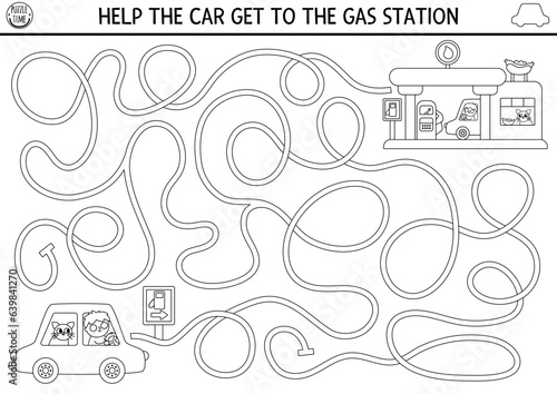 Transportation black and white maze for kids with auto, driver. Line transport printable activity or coloring page. Labyrinth game, puzzle with filling service, cafe. Help car get to gas station.