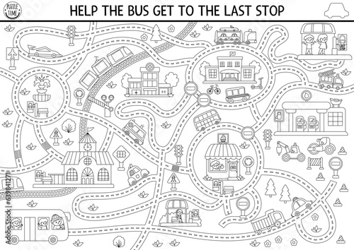 Transportation black and white maze for kids with city landscape, cars, passengers. Transport line preschool printable activity, coloring page. Labyrinth game, puzzle. Help bus get to last stop.