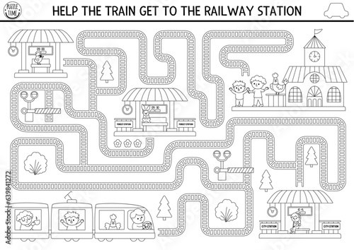 Transportation black and white maze for kids with railroad, driver, passengers. Line transport preschool printable activity. Labyrinth game, puzzle, coloring page. Help train get to railway station