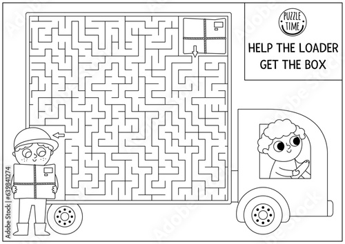 Transportation black and white maze for kids with truck, driver. Line transport preschool printable activity. Geometrical labyrinth game, coloring page with delivery service lorry.