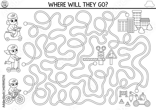 Transportation black and white maze for kids with kids driving bike, scooter. Line ecological transport preschool printable activity or coloring page. Labyrinth game with city, barrier, road works.