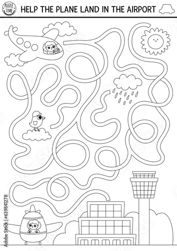 Transportation black and white maze for kids with city landscape, airplane. Line transport preschool printable activity. Labyrinth game or coloring page with pilot. Help plane land in airport.