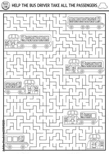 Transportation black and white maze for kids with school bus and pupils. Line transport preschool printable activity, coloring page. Back to school labyrinth game. Help driver take passenger.