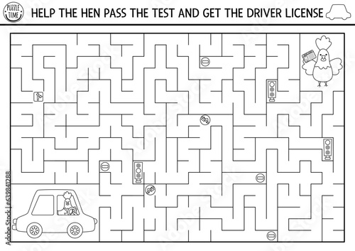 Transportation black and white maze for kids with bird passing driving test. Line transport printable activity. Labyrinth coloring page with car, traffic light, road sign. Help hen get driver license.