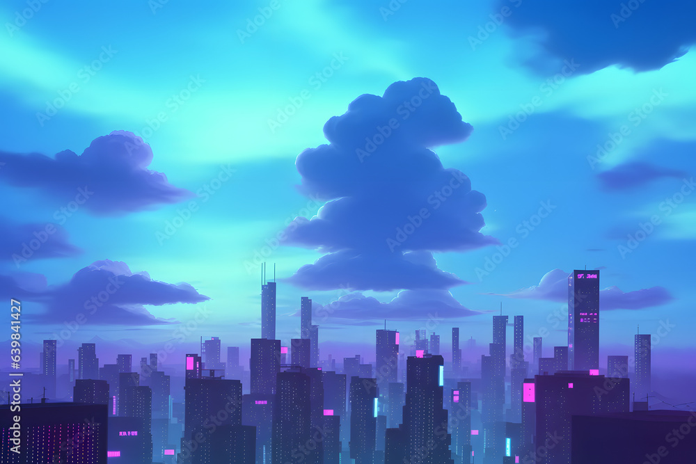Anime cartoon neon game background, app gaming background sky with clouds and bright cyberpunk colours Anime cartoon neon game background, app gaming background sky with clouds and bright cyberpunk colours