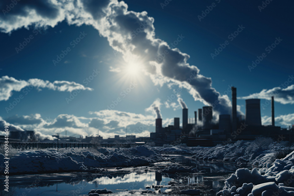 Polluted industrial skyline at sunrise: emitting smoke and environmental damage. Cityscape Reflection in Water, Blue Sky and Sunny Clouds
