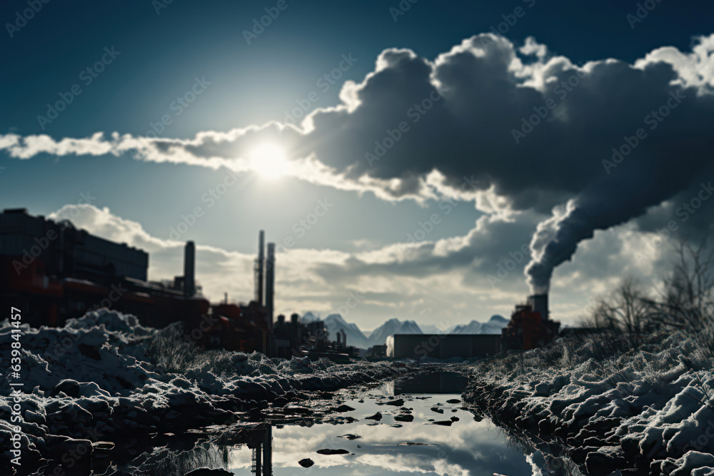 Polluted industrial skyline at sunrise: emitting smoke and environmental damage. Cityscape Reflection in Water, Blue Sky and Sunny Clouds
