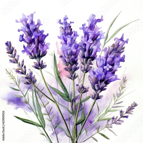 A charming watercolor botanical illustration of a sprig of lavender  showcasing its vibrant purple hues and aromatic beauty