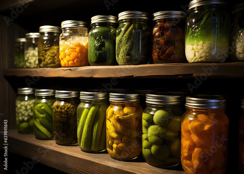 Jars neatly arranged in the kitchen pantry, filled with assorted legumes, foods, and pickles, creating an organized and vibrant culinary display. Generative AI