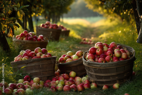 Apple harvest in a agricultural field, apple garden. Generative AI.