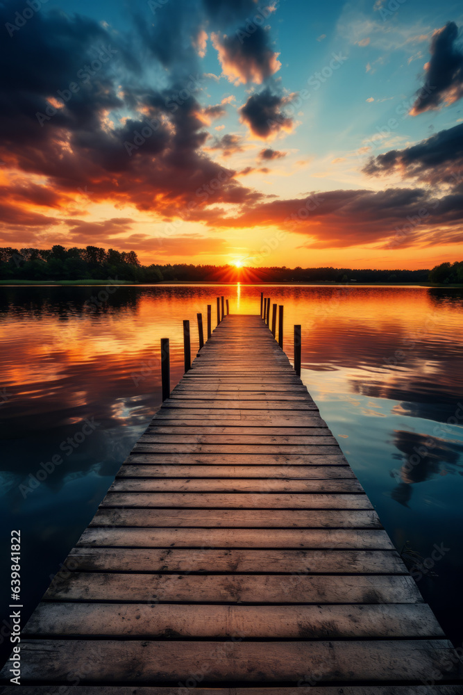 Relaxing moment: Wooden pier on a lake with an amazing sunset