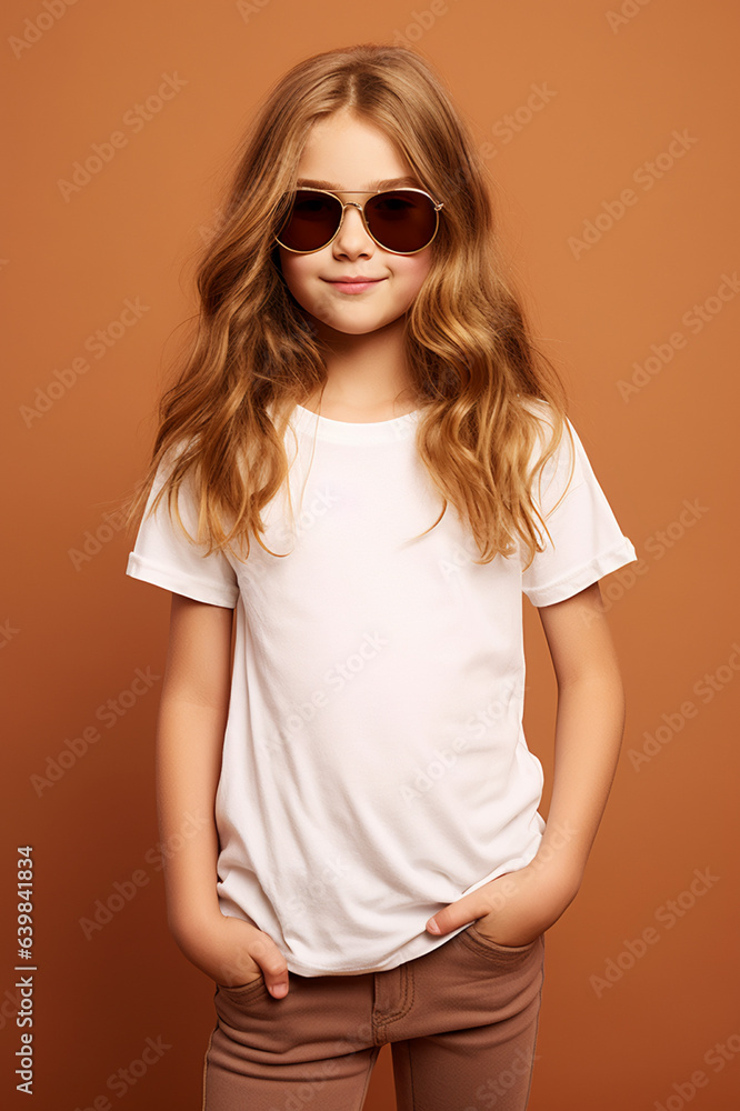 Fototapeta premium design mockup: blond girl with long hair and sunglasses with white blank T-shirt on a brown background
