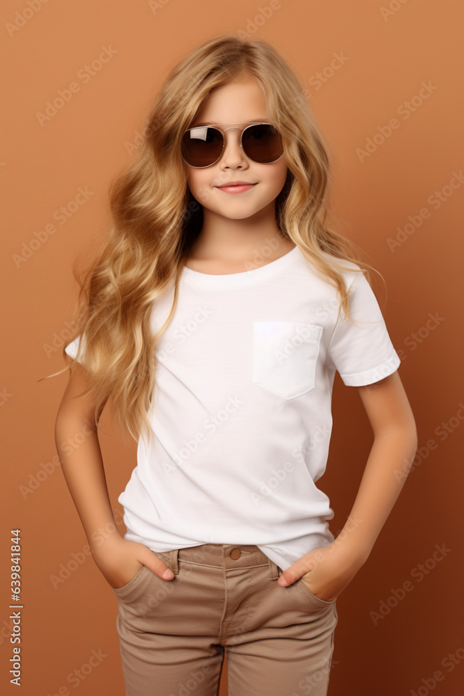 design mockup: blond girl with long hair and sunglasses with white blank T-shirt on a brown background design mockup: blond girl with long hair and sunglasses with white blank T-shirt on a brown background