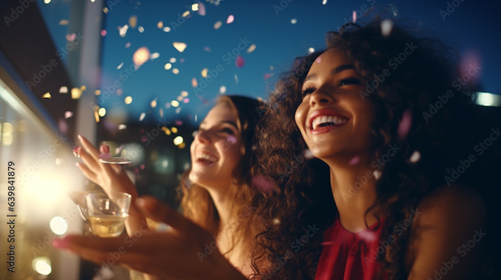 Young women blowing confetti from hands. Friends celebrating outdoors in evening at a terrace  generative Ai