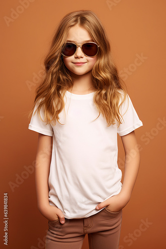 design mockup: blond girl with long hair and sunglasses with white blank T-shirt on a brown background