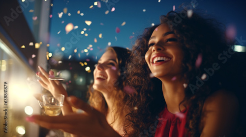 Young women blowing confetti from hands. Friends celebrating outdoors in evening at a terrace generative Ai