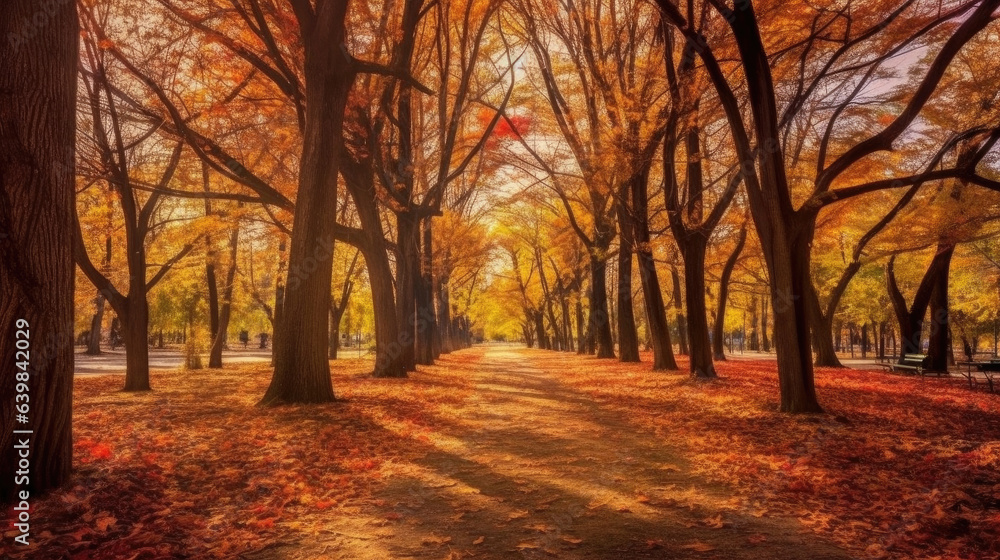 Fototapeta premium Autumn forest path. Orange color tree, red brown maple leaves in fall city park. Generative Ai