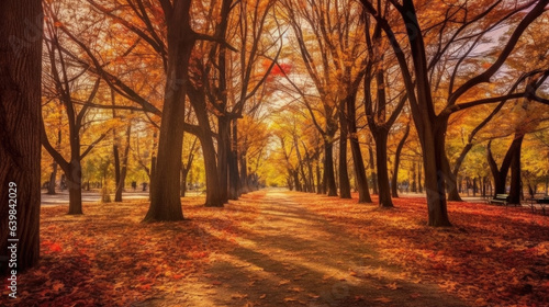 Autumn forest path. Orange color tree, red brown maple leaves in fall city park. Generative Ai