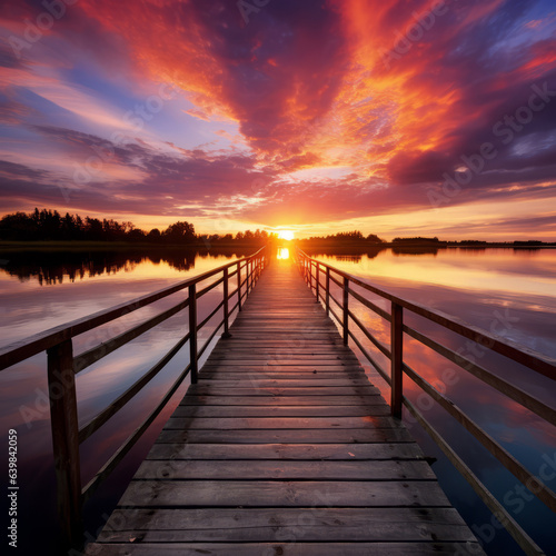 Relaxing moment  Wooden pier on a lake with an amazing sunset