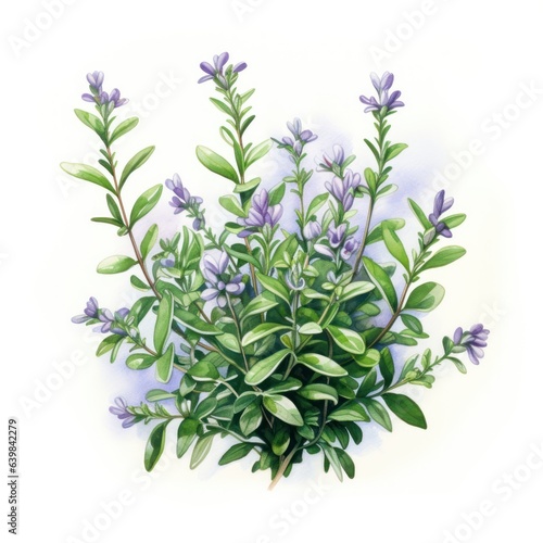 A charming watercolor botanical illustration of a sprig of thyme, showcasing its small leaves and aromatic scent