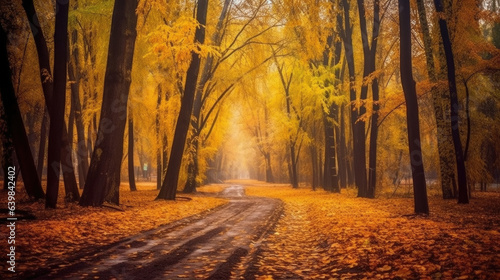 Autumn forest scenery with road of fall leaves & warm light illumining the gold foliage. Footpath in scene autumn forest nature. Generative Ai © tong2530