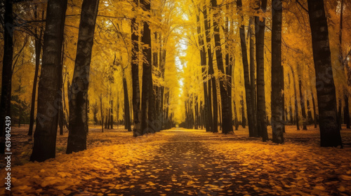 Autumn forest scenery with road of fall leaves   warm light illumining the gold foliage. Footpath in scene autumn forest nature. Generative Ai