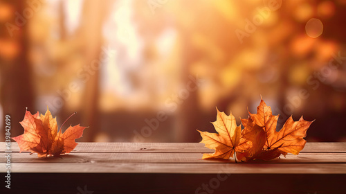Autumn maple leaves on wooden table for fall blurred background. Generative Ai