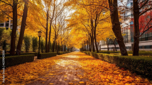 Autumn, Pathway in beautiful autumn city background. Generative Ai