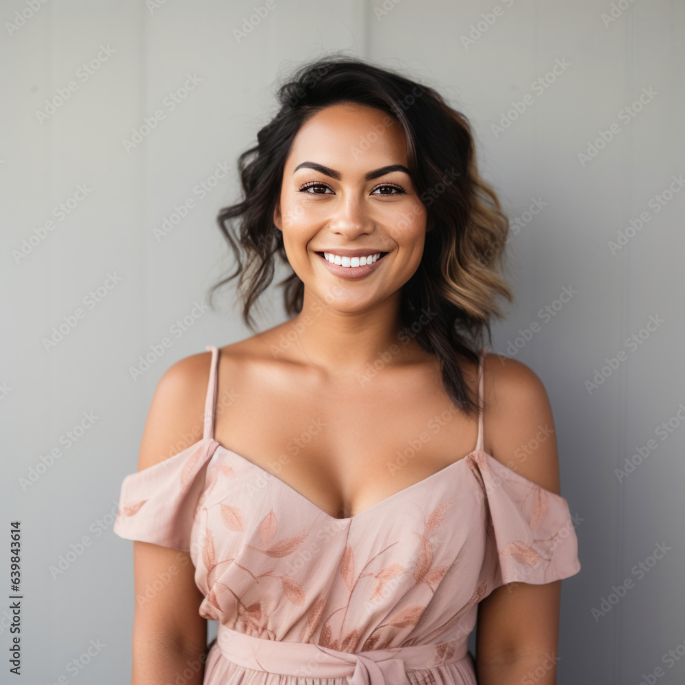 Smiling brunette bridesmaid standing in front of solid wall. Smiling brunette bridesmaid standing in front of solid wall.