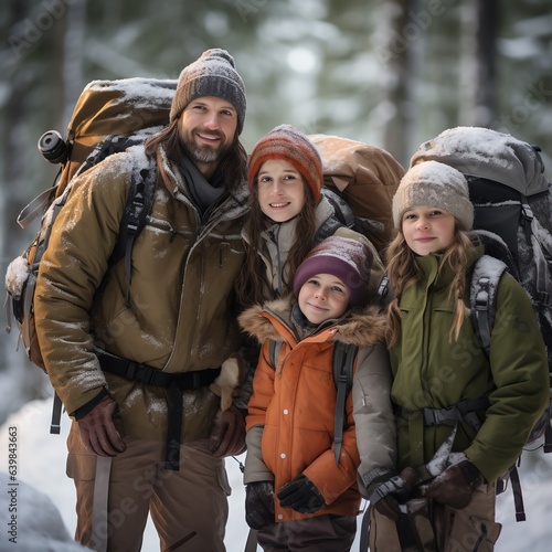 Caucasian Family's Winter Forest Adventure - Four family members, parents with son and daughter, with sports gear stroll through an enchanting snow-laden woods. Love and seasonal bonding