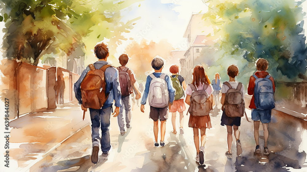 watercolor painting drawing a group of friends  school children go back to school view from the back with backpacks - obrazy, fototapety, plakaty 