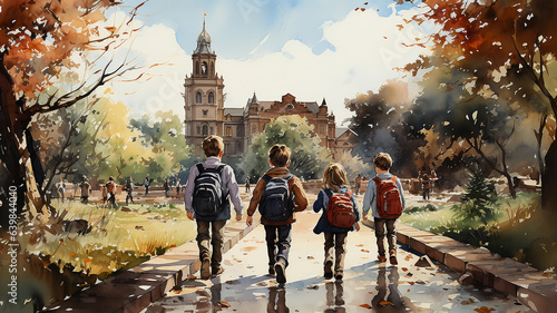 watercolor painting drawing a group of friends  school children go back to school view from the back with backpacks