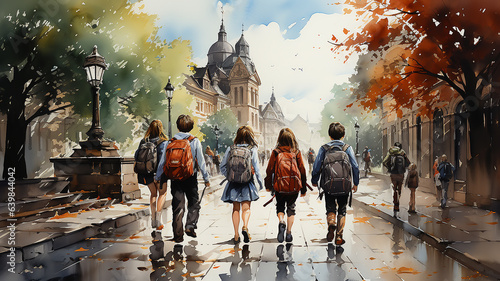 watercolor painting drawing a group of friends  school children go back to school view from the back with backpacks