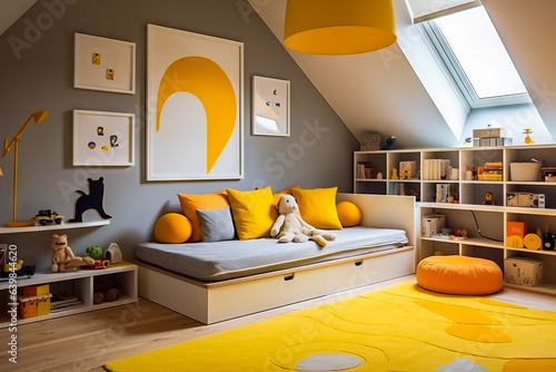 Child's bedroom with yellow and gray theme and white bed. photo