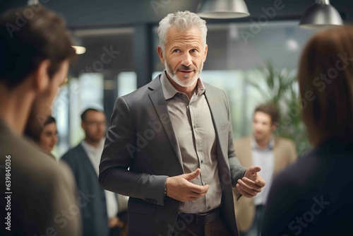 Successful businessman boss presenting new project to employees, business coach in suit giving presentation to clients in meeting room, team leader reporting about work explaining result 
