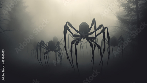 phobia fear horror, silhouette of a huge spider in a foggy forest.