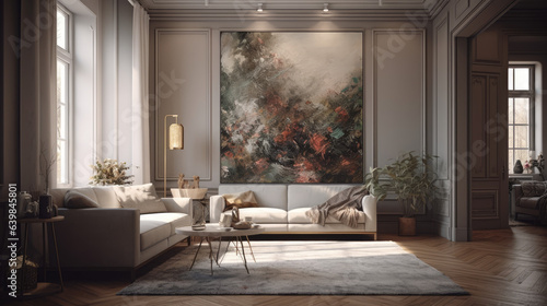 Detailed 3D Render View of an Artistic Painting in a Stylish Living Room.
