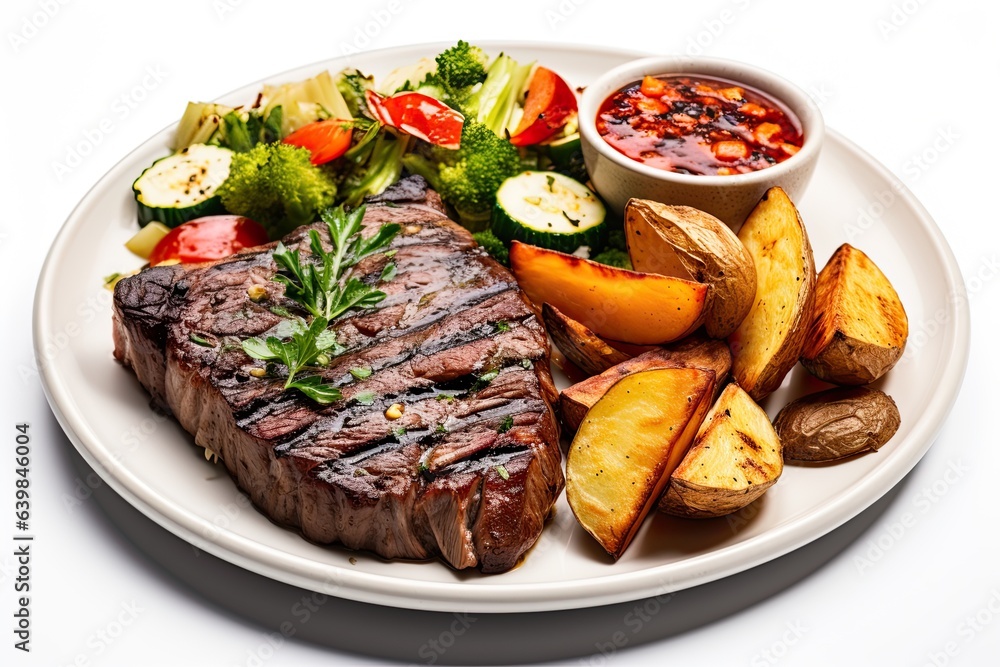 Top view of delicious grilled beef steak and rustic potatoes wedges with vegetable salad served on plate on white background Top view of delicious grilled beef steak and rustic potatoes wedges with vegetable salad served on plate on white background