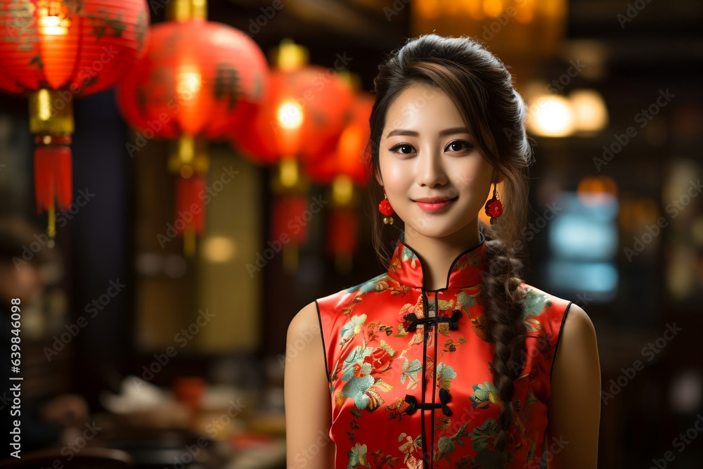 Chinese girl wearing Chinese New Year red cheongsam costume with Chinese New Year background. Chinese girl wearing Chinese New Year red cheongsam costume with Chinese New Year background.