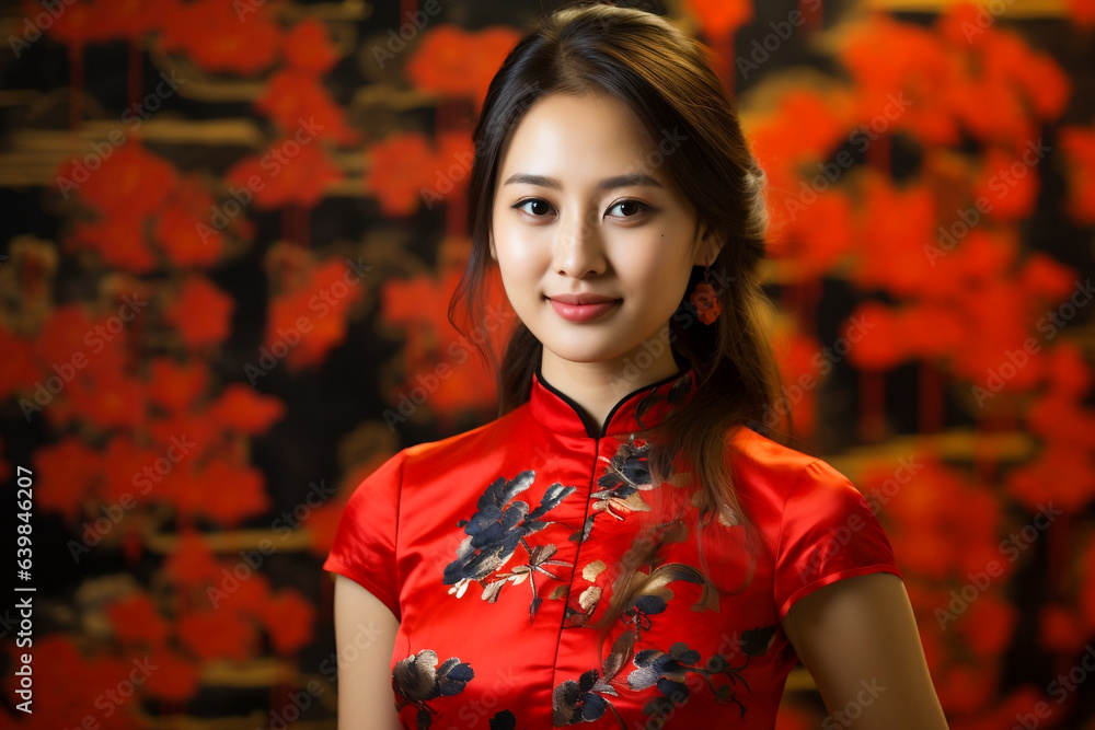 Chinese girl wearing Chinese New Year cheongsam costume with Chinese New Year background.