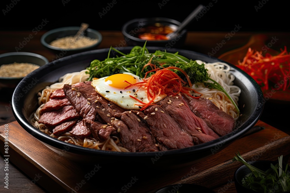 Bibim naengmyeon korean cold noodles ramen with beef sliced as topping
